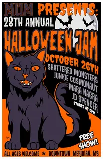 Poster by Jason Cooper: MUM Presents: 28th Annual Halloween Jam, October 26th, starts at 6 PM, Downtown Meridian, MS
