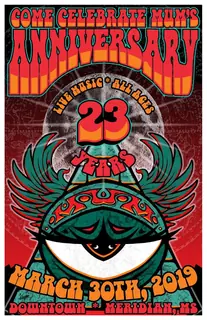 Poster by Jason Cooper: Come Celebrate MUM's Anniversary: 23 Years, March 30th, 2019, Downtown Meridian, MS