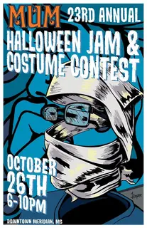 Poster by Jason Cooper: MUM 23rd Annual Halloween Jam & Costume Contest, October 26th, 6–10 PM, Downtown Meridian, MS
