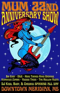 MUM 22nd Anniversary Show poster: a blue woman with red hair playing guitar under the moon