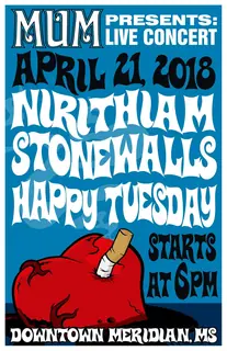 Poster by Jason Cooper: MUM Presents: Live Concert, April 21, 2018, starts at 6 PM, Downtown Meridian, MS