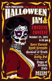 Poster by Jason Cooper: MUM Presents: The 21st Annual Halloween Jam & Costume Contest, October 28, 2017, 6–10 PM