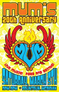 MUM's 20th Anniversary poster: a flaming heart, Saturday March 5th