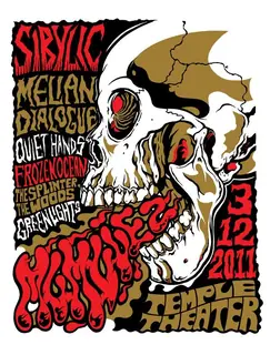 MUMVUE 2 poster: a skull with the lineup, Temple Theater, 3/12/2011
