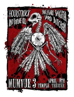 MUMVUE 3 poster: a winged skeleton, Temple Theater, April 9th